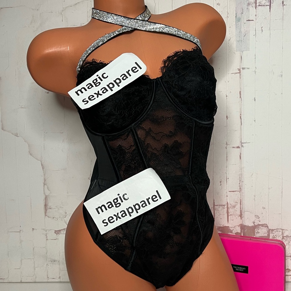 VS XL SHINE STRAP HALTER UNDERWIRE VERY SEXY TEDDY BODYSUIT FLORAL LACE MESH